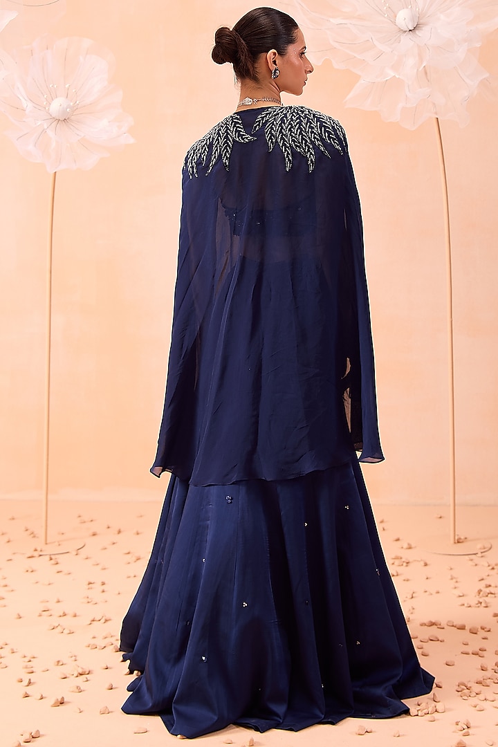 Blue Silk Satin Organza Hand Embroidered Jacket Wedding Lehenga Set by Parul Gandhi at Pernia's Pop Up Shop