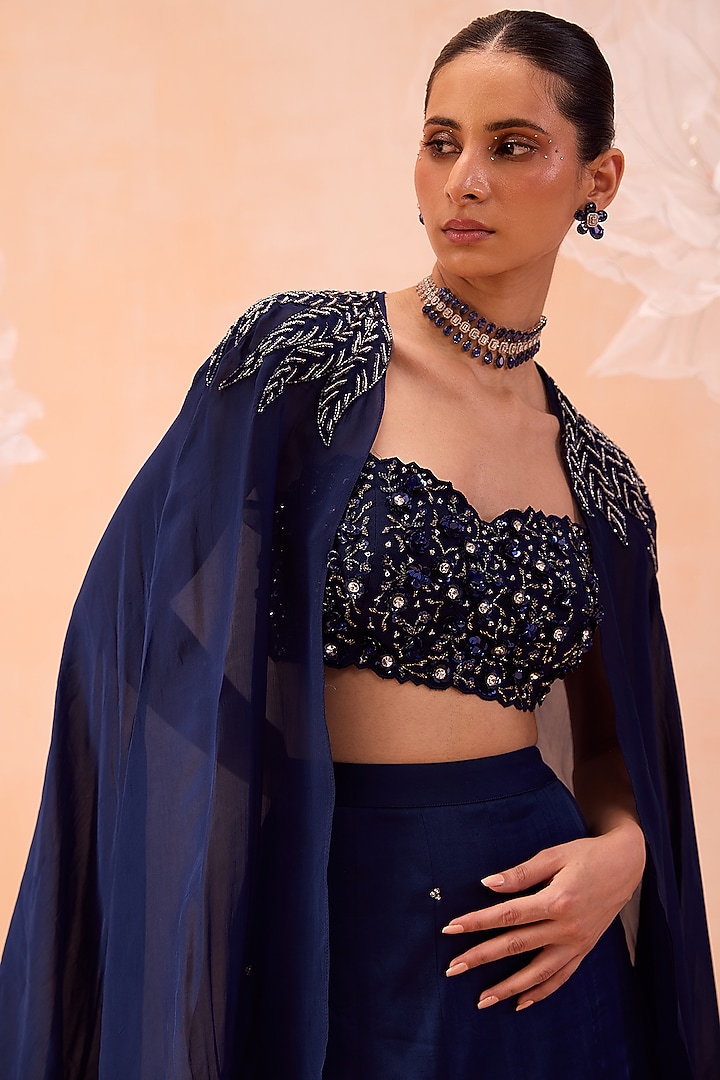 Blue Silk Satin Organza Hand Embroidered Jacket Wedding Lehenga Set by Parul Gandhi at Pernia's Pop Up Shop