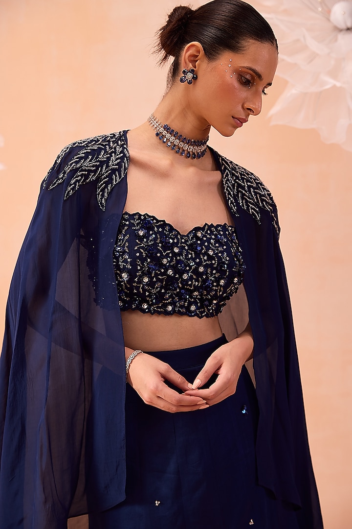 Blue Silk Satin Organza Hand Embroidered Jacket Wedding Lehenga Set by Parul Gandhi at Pernia's Pop Up Shop