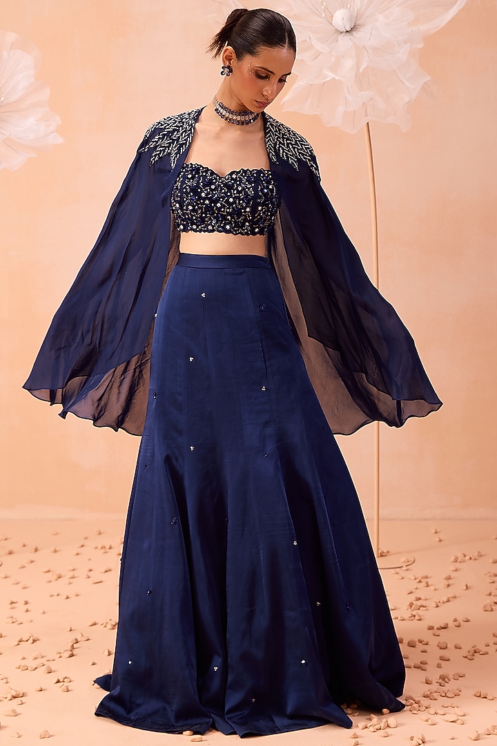 Blue Silk Satin Organza Hand Embroidered Jacket Wedding Lehenga Set by Parul Gandhi at Pernia's Pop Up Shop