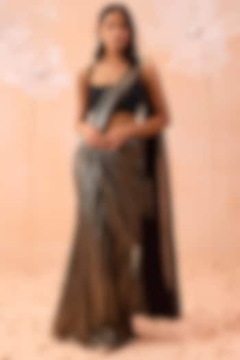 Gold & Black Foil Lycra Pre-Draped Saree Set by Parul Gandhi at Pernia's Pop Up Shop