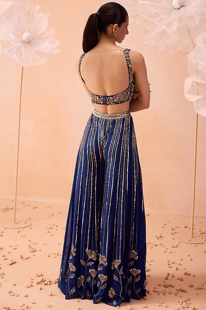 Blue Silk Organza Cutdana Hand Embroidered Wedding Sharara Set by Parul Gandhi at Pernia's Pop Up Shop