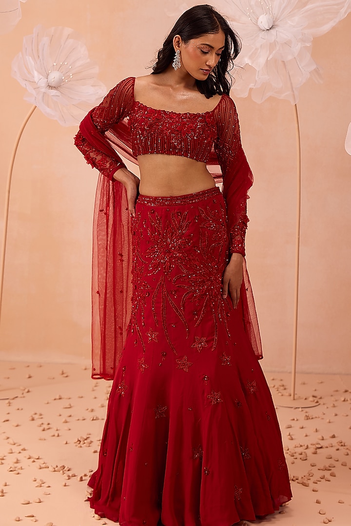 Red Satin Georgette Floral Motifs Hand Embroidered Fishcut Wedding Lehenga Set by Parul Gandhi at Pernia's Pop Up Shop