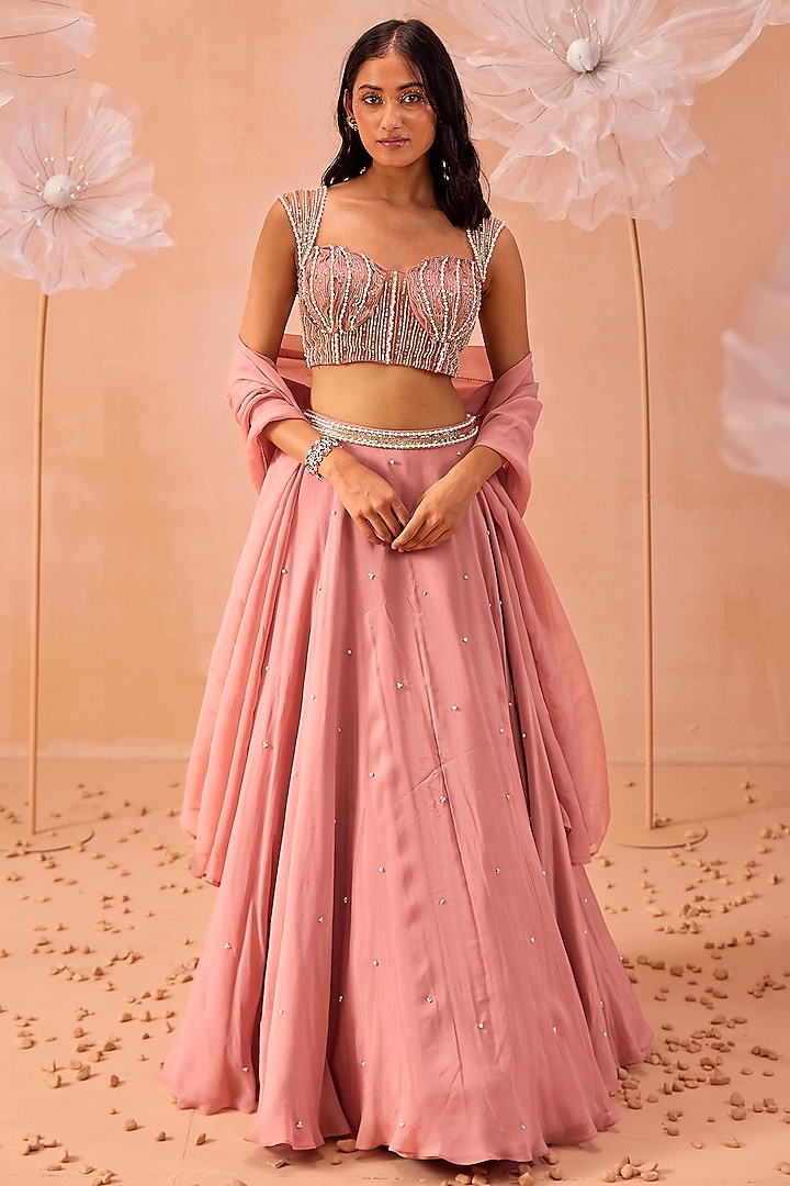 Blush Pink Satin Georgette Pearl Hand Embroidered Wedding Lehenga Set by Parul Gandhi at Pernia's Pop Up Shop