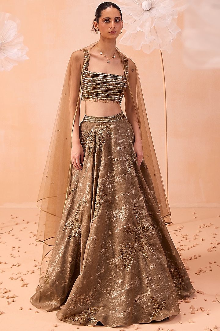 Gold Silk Jacquard Sequins Hand Embroidered Foil Wedding Lehenga Set by Parul Gandhi at Pernia's Pop Up Shop