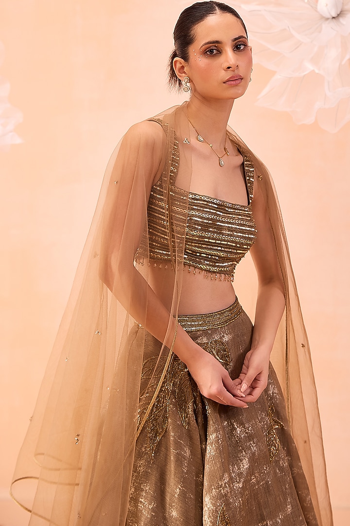Gold Silk Jacquard Sequins Hand Embroidered Foil Wedding Lehenga Set by Parul Gandhi at Pernia's Pop Up Shop