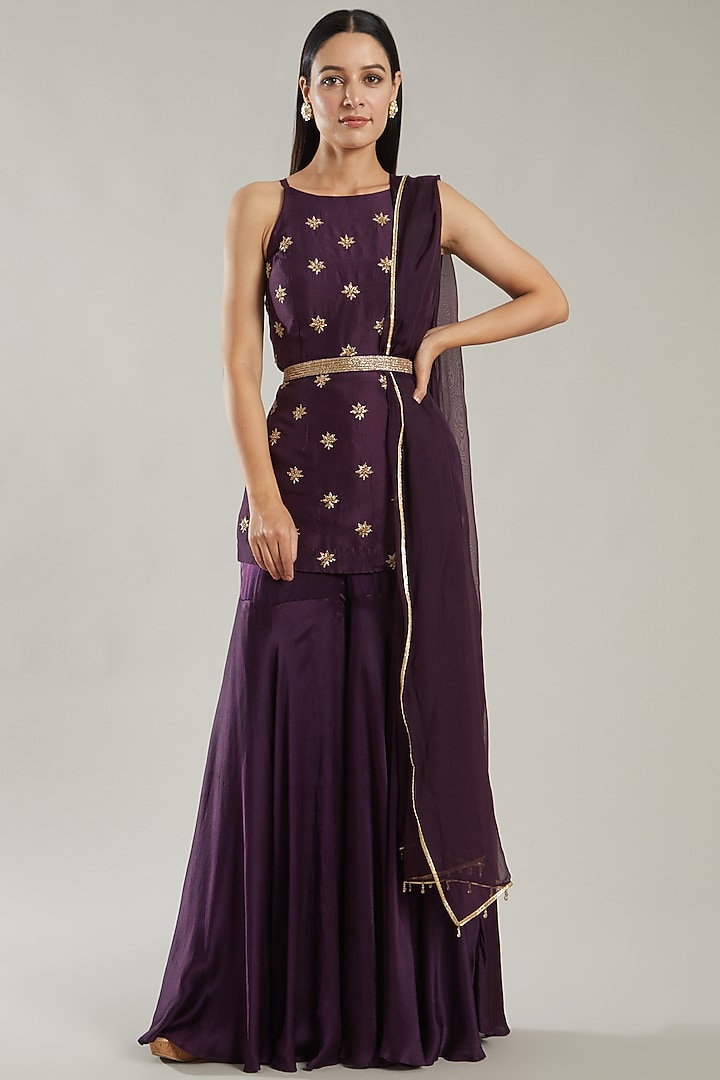 Wine Embroidered Wedding Sharara Set by PARUL GANDHI at Pernia's Pop Up Shop
