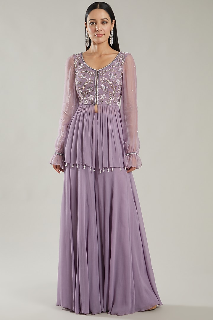 Lilac Embroidered Party Wear Sharara Set by PARUL GANDHI at Pernia's Pop Up Shop