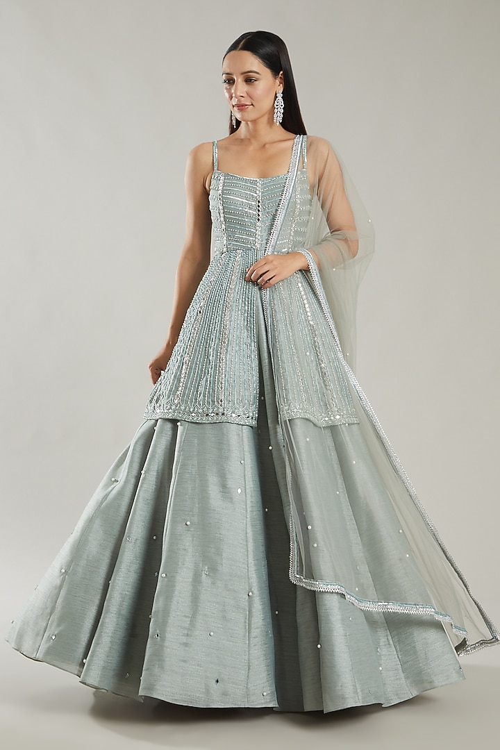 Mint Organza Embroidered Wedding Lehenga Set by PARUL GANDHI at Pernia's Pop Up Shop