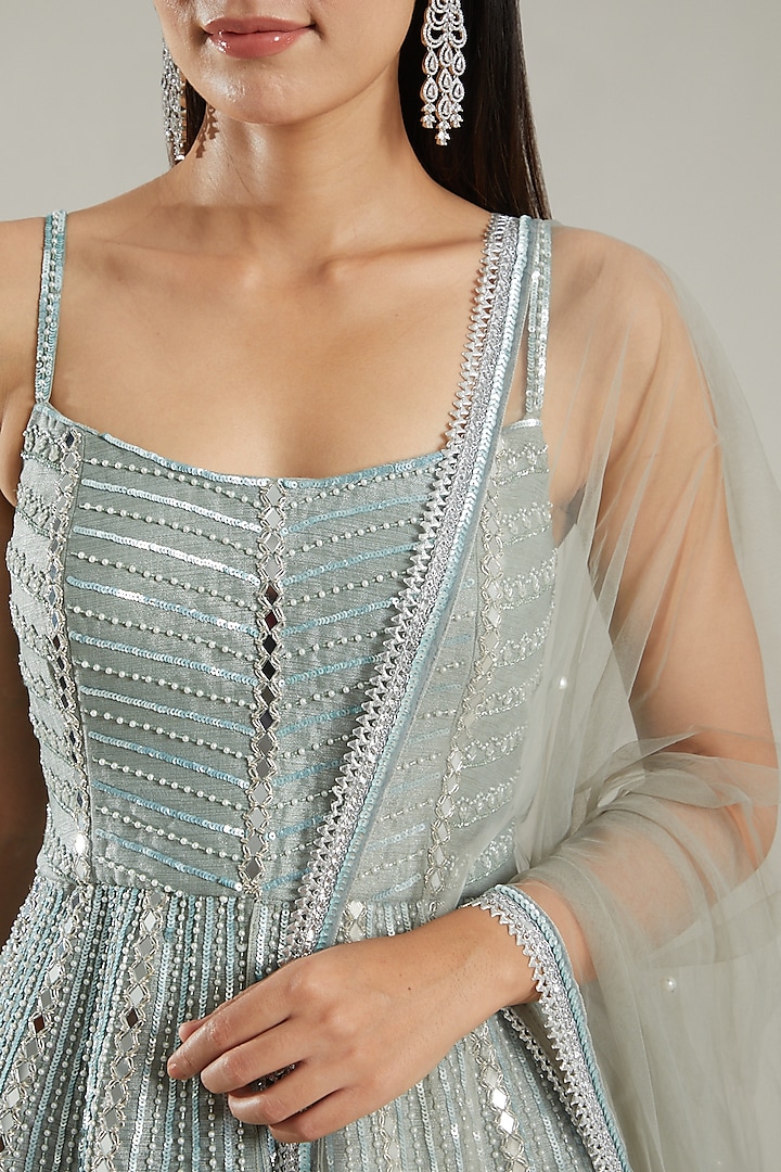 Mint Organza Embroidered Wedding Lehenga Set by PARUL GANDHI at Pernia's Pop Up Shop