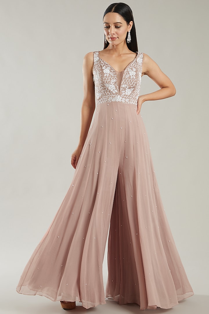 Salmon Pink Embroidered Jumpsuit by PARUL GANDHI at Pernia's Pop Up Shop