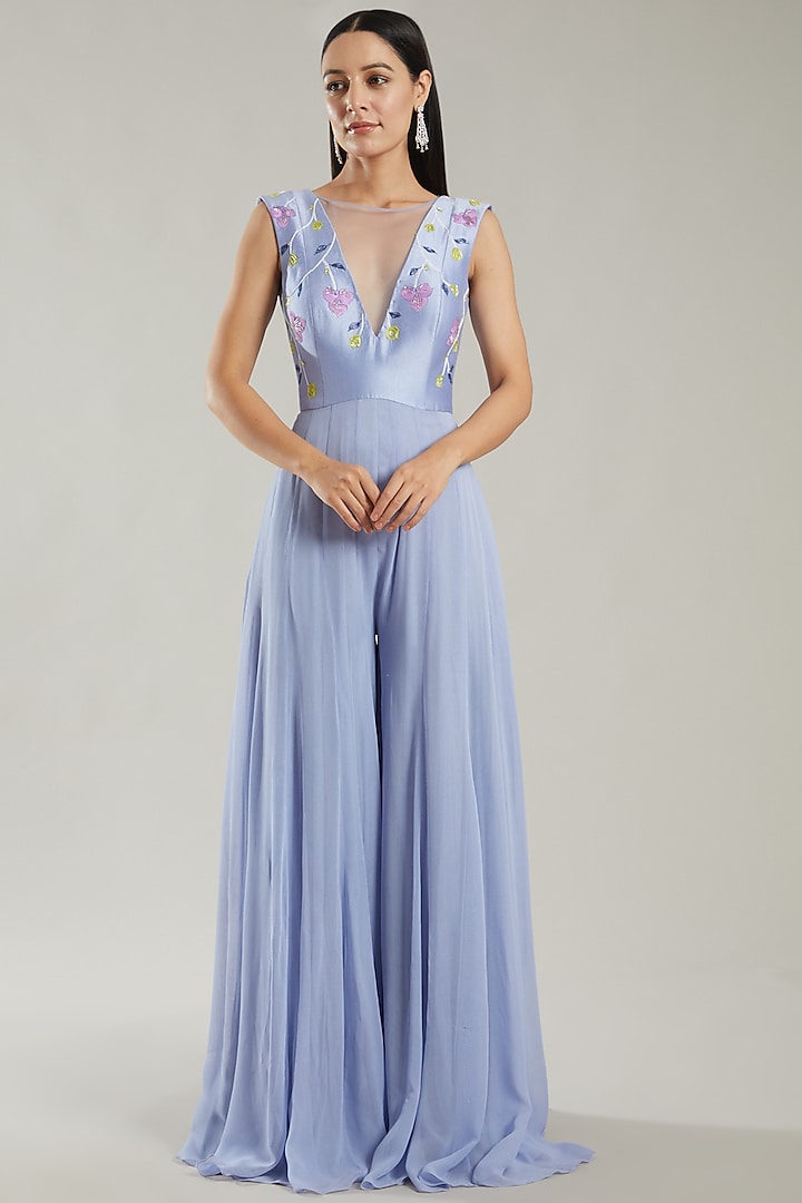 Lavender Embroidered Jumpsuit by PARUL GANDHI at Pernia's Pop Up Shop