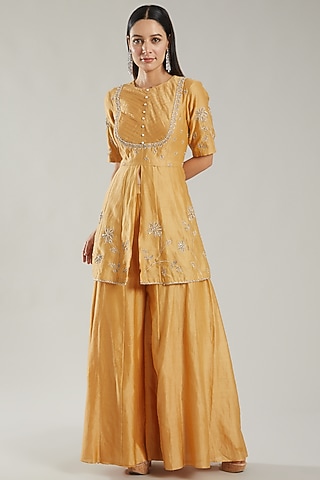 Mustard Chanderi Silk Sharara Set by PARUL GANDHI