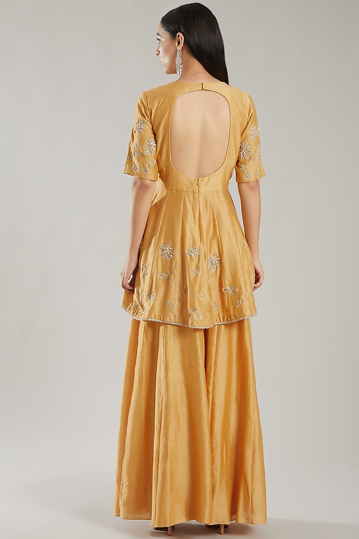 Mustard Chanderi Silk Party Wear Sharara Set by PARUL GANDHI at Pernia's Pop Up Shop