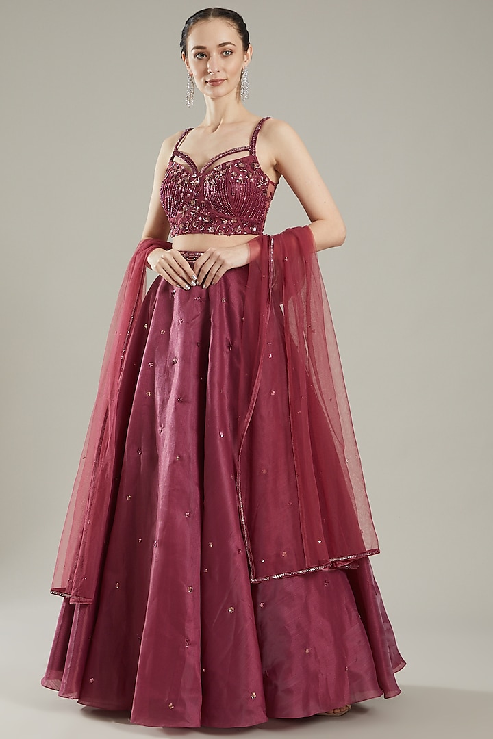 Plum Organza Embroidered Wedding Lehenga Set by PARUL GANDHI at Pernia's Pop Up Shop