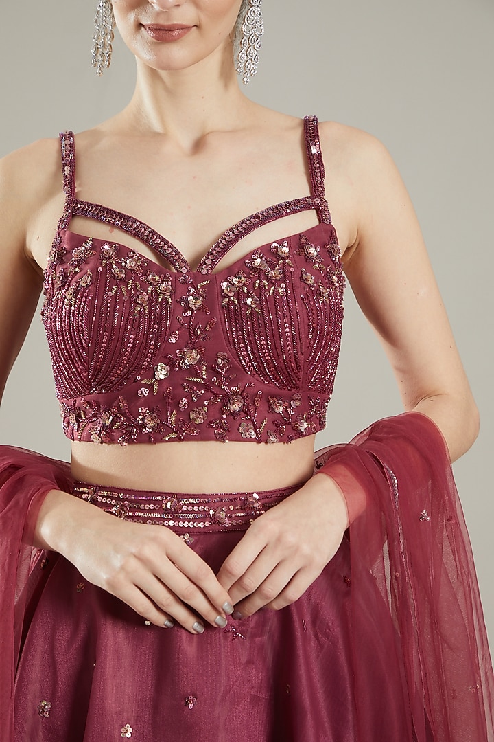 Plum Organza Embroidered Wedding Lehenga Set by PARUL GANDHI at Pernia's Pop Up Shop