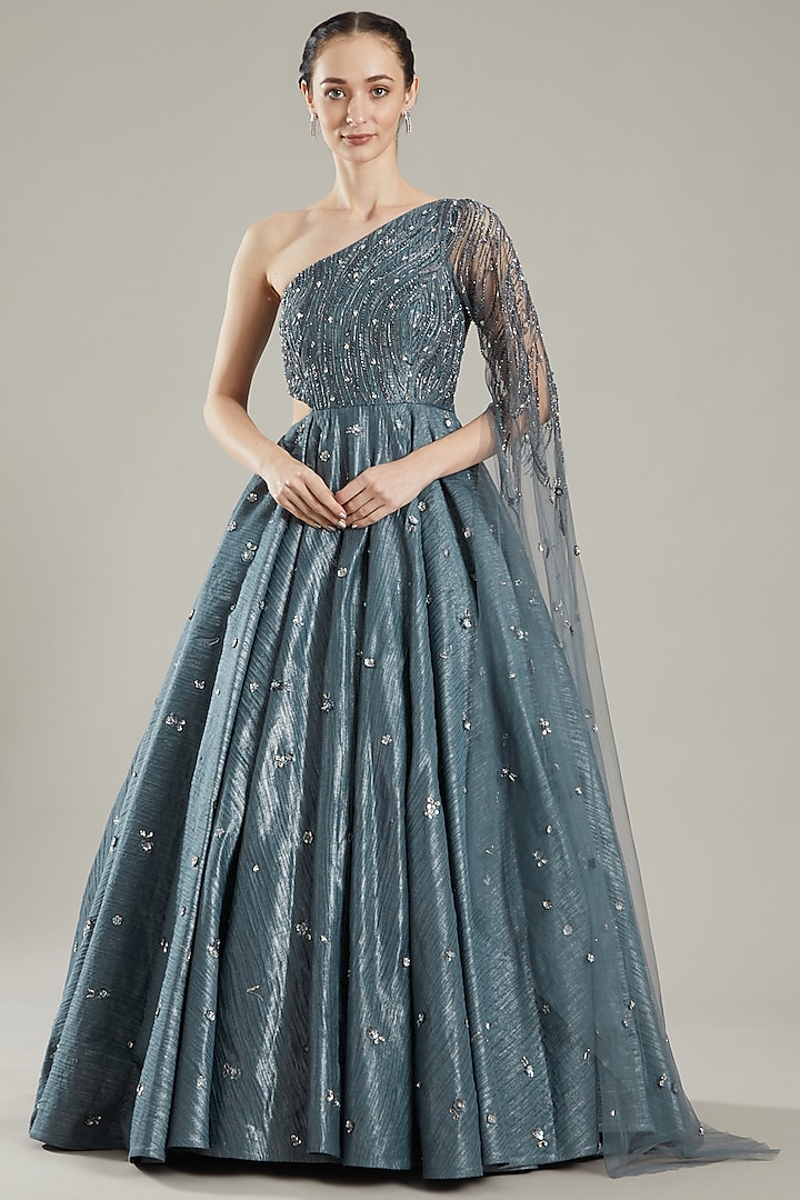 Blue Embroidered Gown by PARUL GANDHI at Pernia's Pop Up Shop