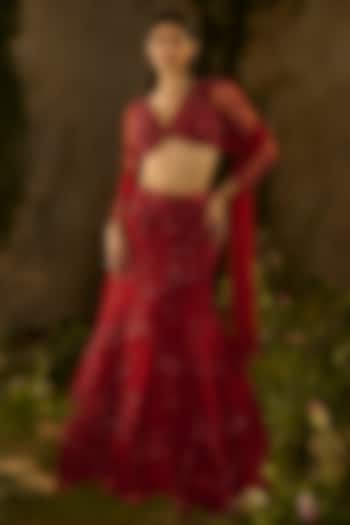 Red Satin Georgette Hand Embellished Wedding Lehenga Set by Parul Gandhi at Pernia's Pop Up Shop