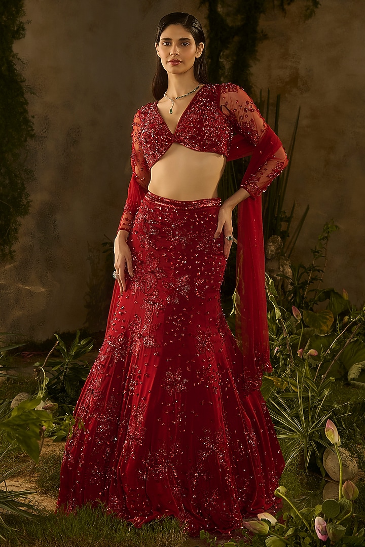 Red Satin Georgette Hand Embellished Wedding Lehenga Set by Parul Gandhi at Pernia's Pop Up Shop