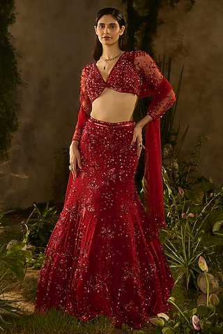 Red Satin Georgette Hand Embellished Lehenga Set by Parul Gandhi