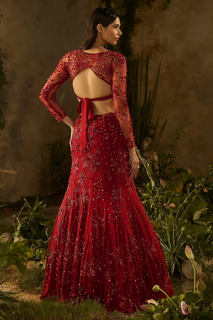 Red Satin Georgette Hand Embellished Wedding Lehenga Set by Parul Gandhi at Pernia's Pop Up Shop