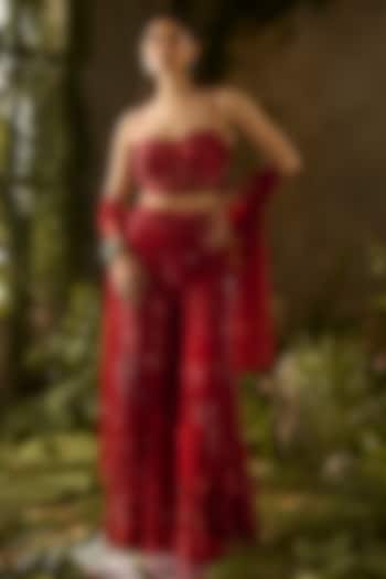 Red Silk Organza Hand Embroidered Pant Set by Parul Gandhi at Pernia's Pop Up Shop