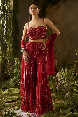 Red Silk Organza Hand Embroidered Pant Set by Parul Gandhi