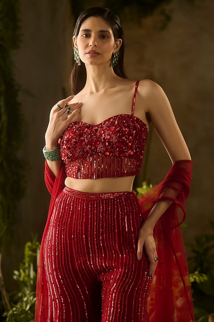 Red Silk Organza Hand Embroidered Pant Set by Parul Gandhi at Pernia's Pop Up Shop