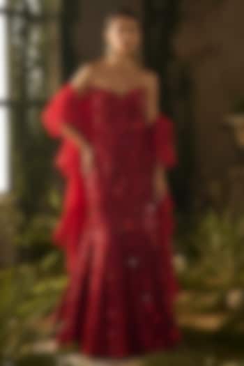 Red Tokyo Mesh Hand Embroidered Wedding Gown by Parul Gandhi at Pernia's Pop Up Shop