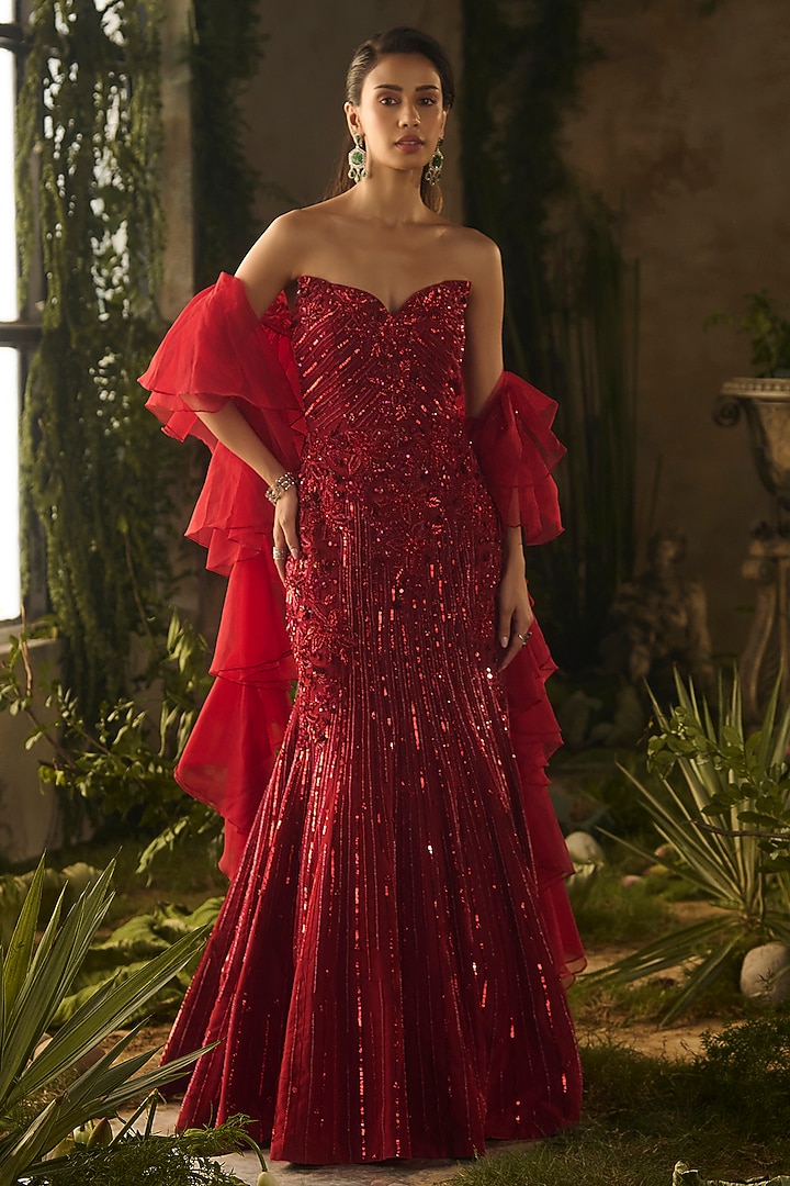 Red Tokyo Mesh Hand Embroidered Wedding Gown by Parul Gandhi at Pernia's Pop Up Shop