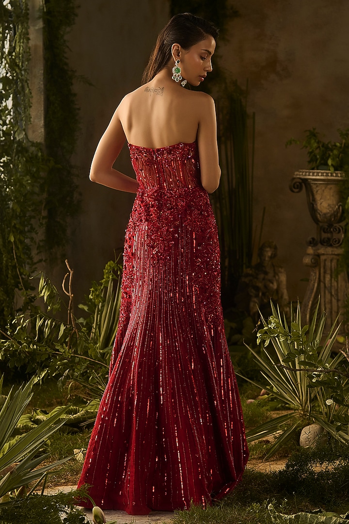Red Tokyo Mesh Hand Embroidered Wedding Gown by Parul Gandhi at Pernia's Pop Up Shop