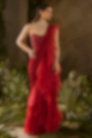 Red Pure Georgette Pre-Draped Wedding Saree Set by Parul Gandhi at Pernia's Pop Up Shop