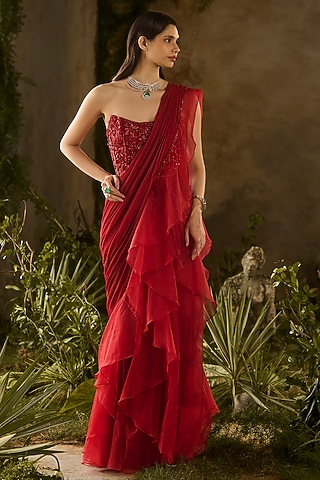 Red Pure Georgette Pre-Draped Saree Set by Parul Gandhi