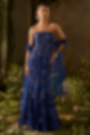 Electric Blue Tokyo Mesh Sequins Embellished Wedding Lehenga Set by Parul Gandhi at Pernia's Pop Up Shop