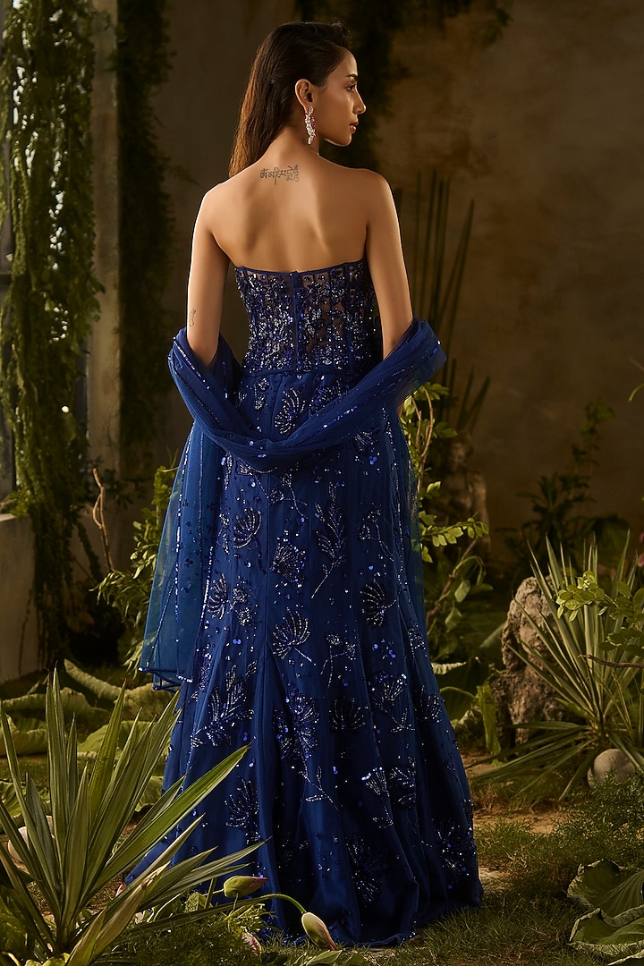Electric Blue Tokyo Mesh Sequins Embellished Wedding Lehenga Set by Parul Gandhi at Pernia's Pop Up Shop
