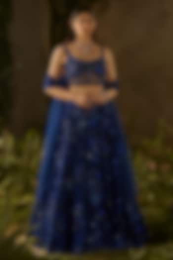 Electric Blue Tokyo Mesh Hand Embroidered Wedding Lehenga Set by Parul Gandhi at Pernia's Pop Up Shop