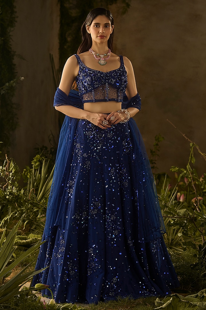 Electric Blue Tokyo Mesh Hand Embroidered Wedding Lehenga Set by Parul Gandhi at Pernia's Pop Up Shop