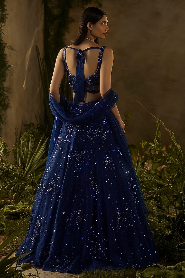 Electric Blue Tokyo Mesh Hand Embroidered Wedding Lehenga Set by Parul Gandhi at Pernia's Pop Up Shop