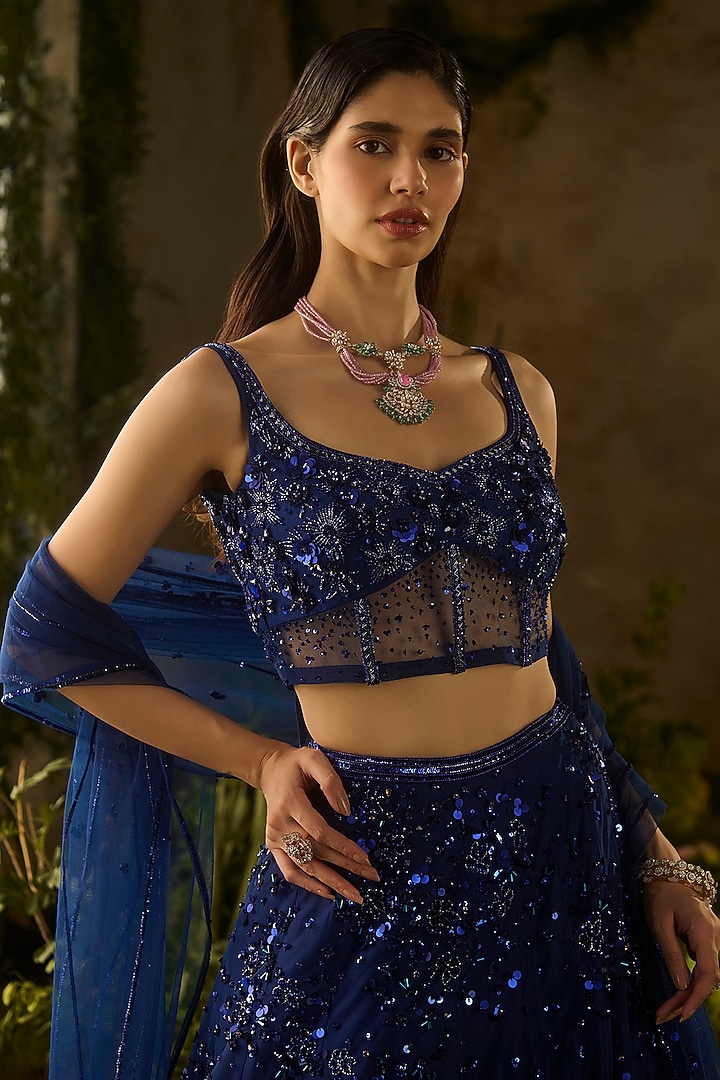 Electric Blue Tokyo Mesh Hand Embroidered Wedding Lehenga Set by Parul Gandhi at Pernia's Pop Up Shop