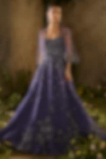 Denim Blue Silk Organza Hand Embroidered Wedding Gown by Parul Gandhi at Pernia's Pop Up Shop