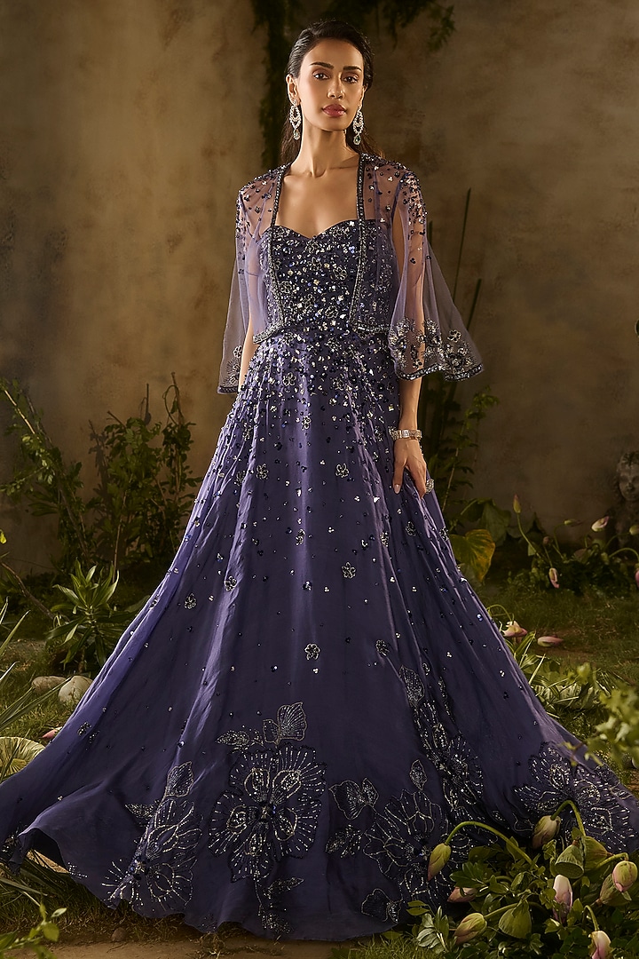 Denim Blue Silk Organza Hand Embroidered Wedding Gown by Parul Gandhi at Pernia's Pop Up Shop