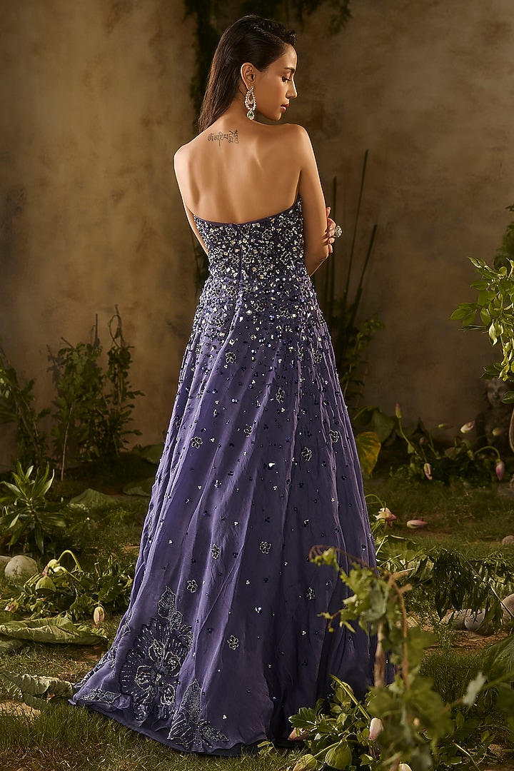 Denim Blue Silk Organza Hand Embroidered Wedding Gown by Parul Gandhi at Pernia's Pop Up Shop