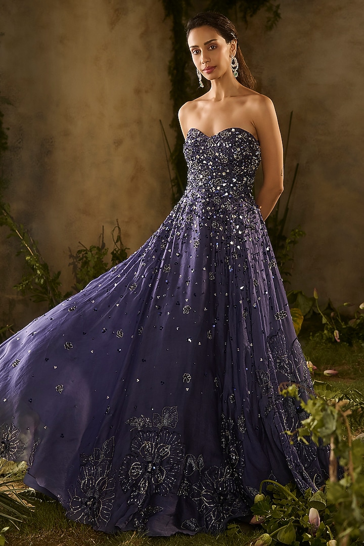 Denim Blue Silk Organza Hand Embroidered Wedding Gown by Parul Gandhi at Pernia's Pop Up Shop