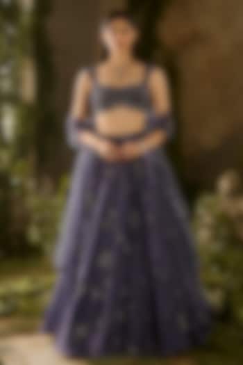 Denim Blue Satin Organza Floral Embroidered Wedding Lehenga Set by Parul Gandhi at Pernia's Pop Up Shop