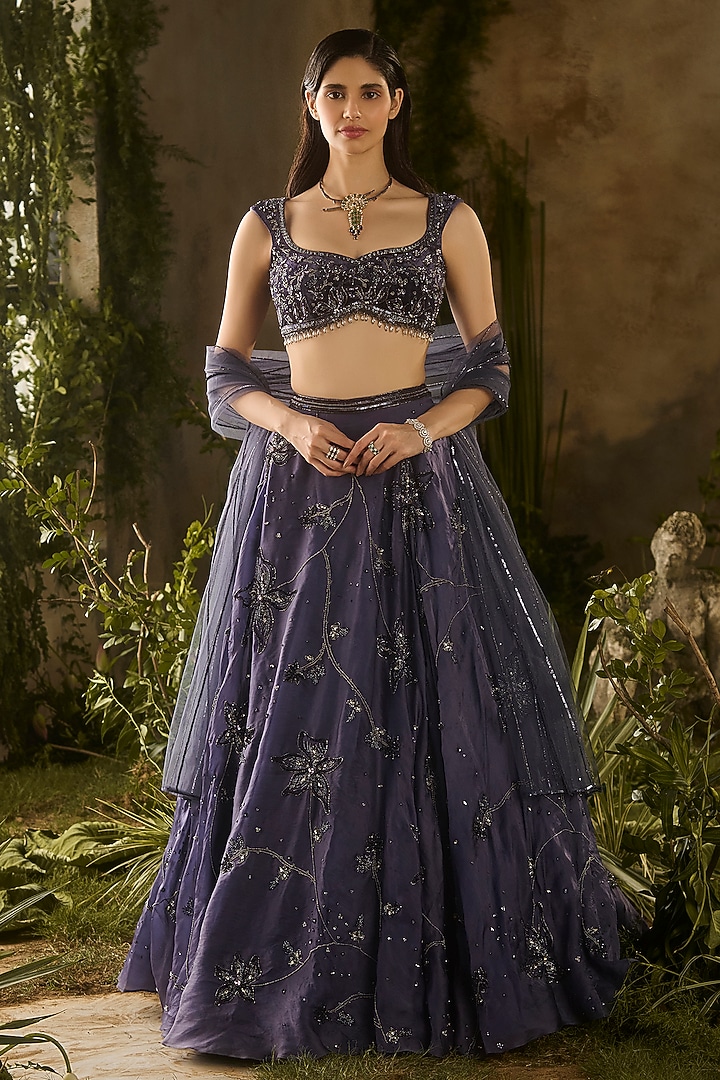 Denim Blue Satin Organza Floral Embroidered Wedding Lehenga Set by Parul Gandhi at Pernia's Pop Up Shop