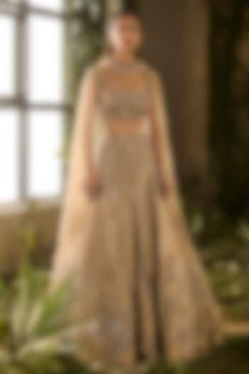 Golden Textured Silk Jacquard Hand Embroidered Wedding Lehenga Set by Parul Gandhi at Pernia's Pop Up Shop