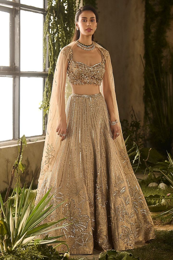 Golden Textured Silk Jacquard Hand Embroidered Wedding Lehenga Set by Parul Gandhi at Pernia's Pop Up Shop