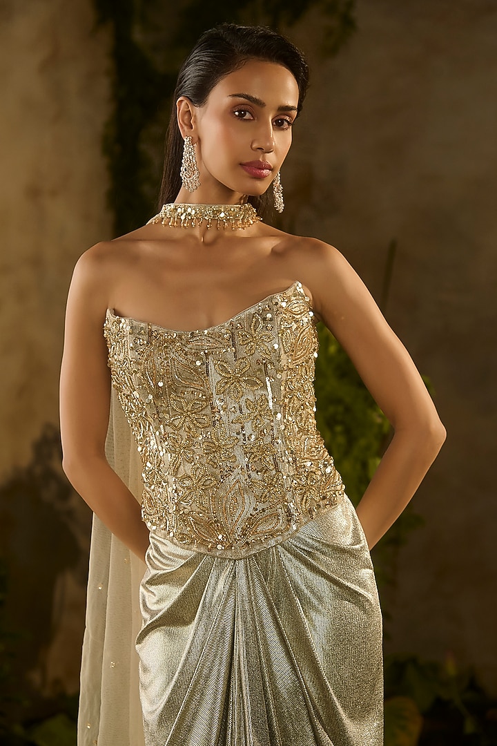 Champagne Textured Jacquard Draped Skirt Set by Parul Gandhi at Pernia's Pop Up Shop