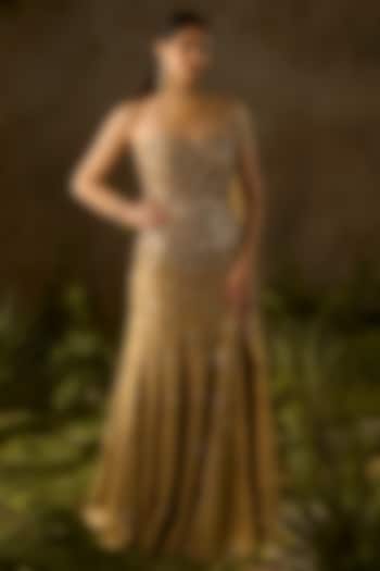 Golden Textured Jacquard Hand Embroidered Wedding Gown by Parul Gandhi at Pernia's Pop Up Shop