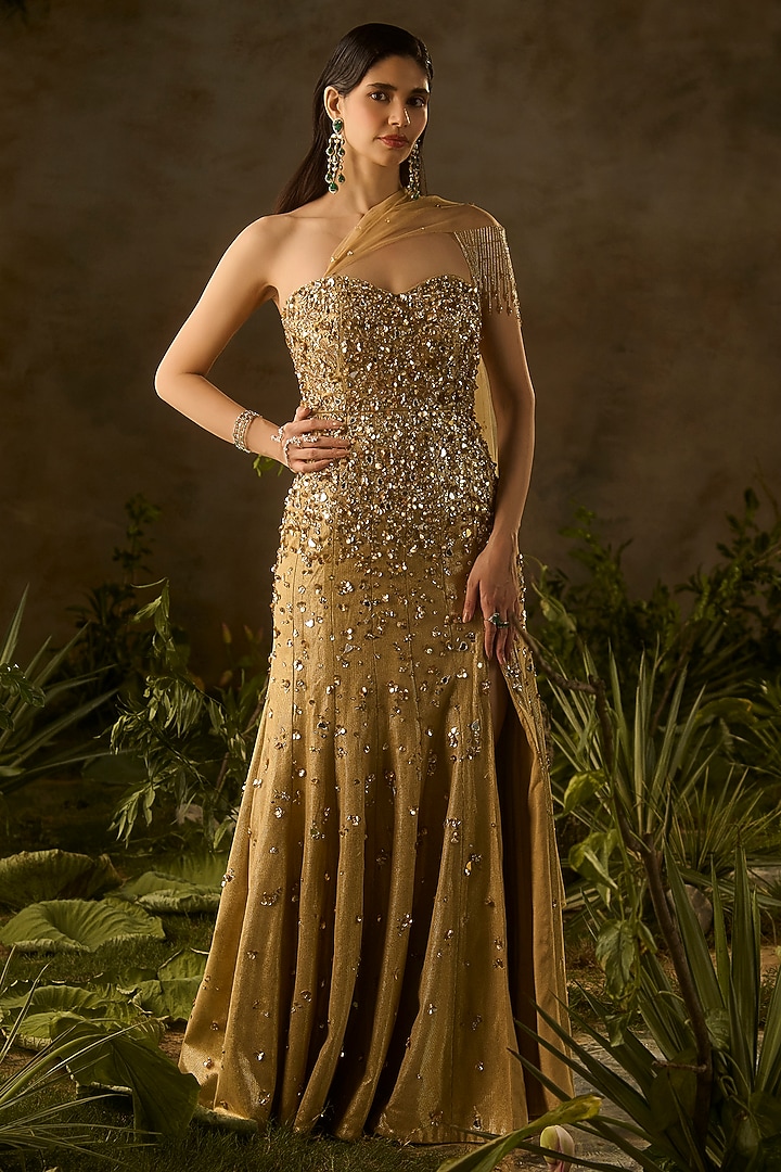 Golden Textured Jacquard Hand Embroidered Wedding Gown by Parul Gandhi at Pernia's Pop Up Shop